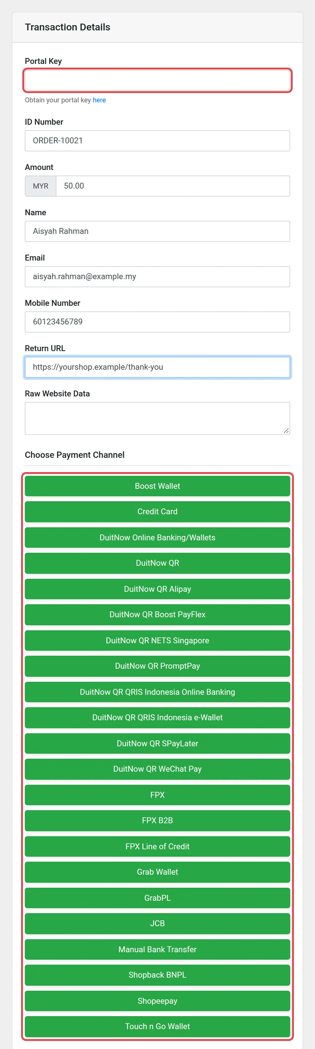 Form Transaction Details dengan nilai contoh, dengan ruangan Portal Key dan butang saluran bayaran ditanda