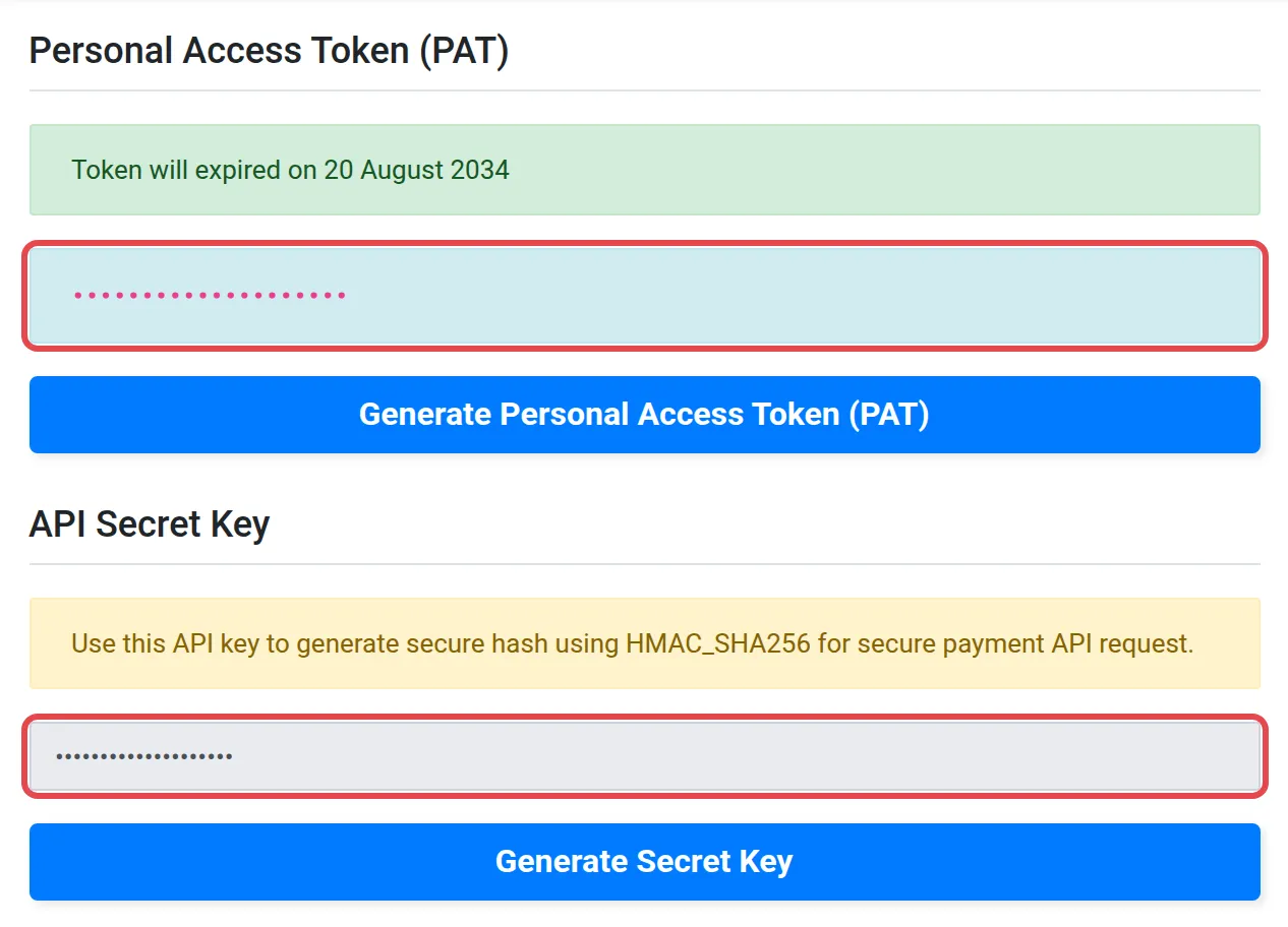 Page Integration dengan kotak Personal Access Token (PAT) dan API Secret Key ditanda, nilainya disembunyikan