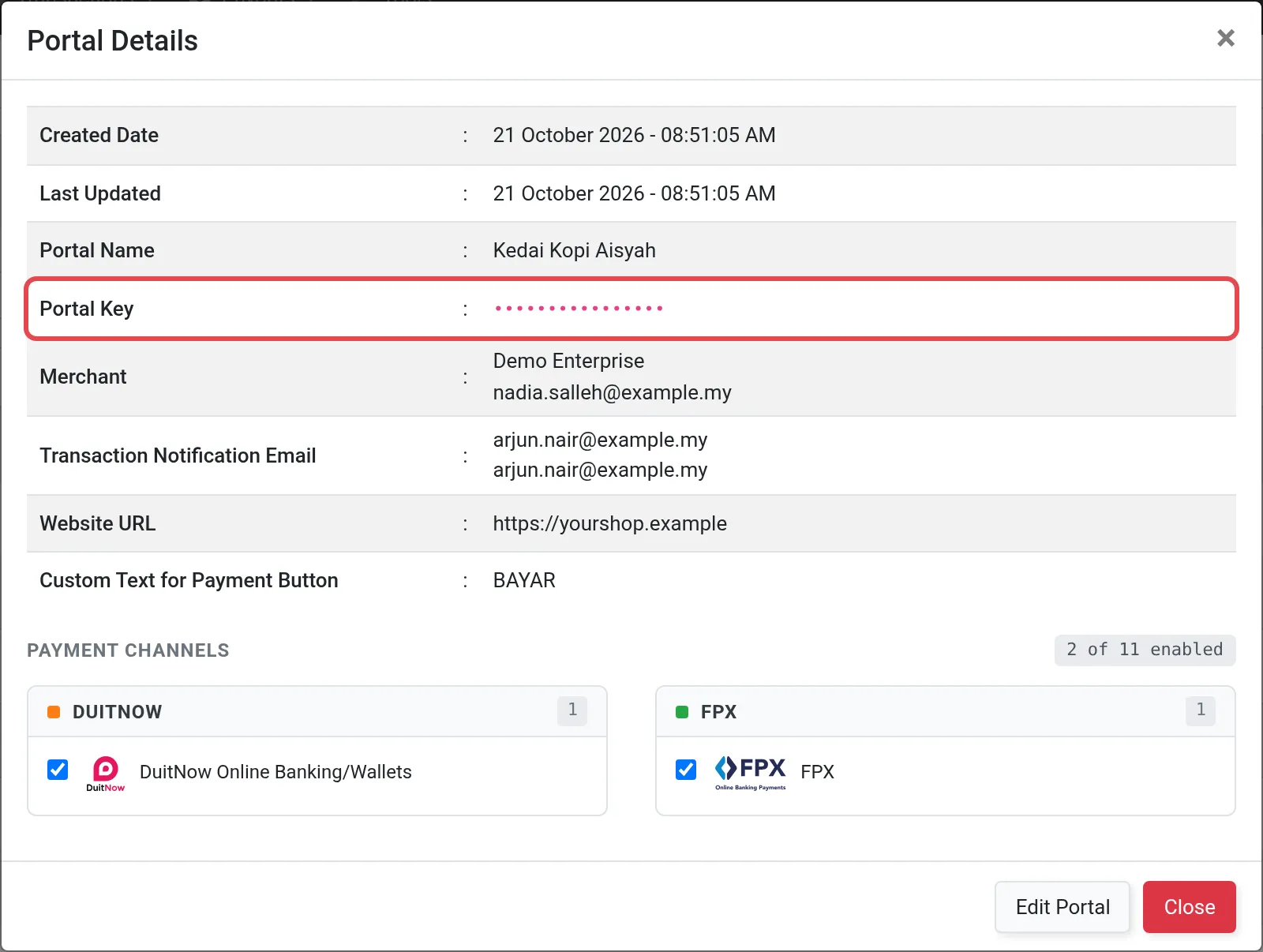Tetingkap Portal Details dengan baris Portal Key ditanda, nilainya disembunyikan