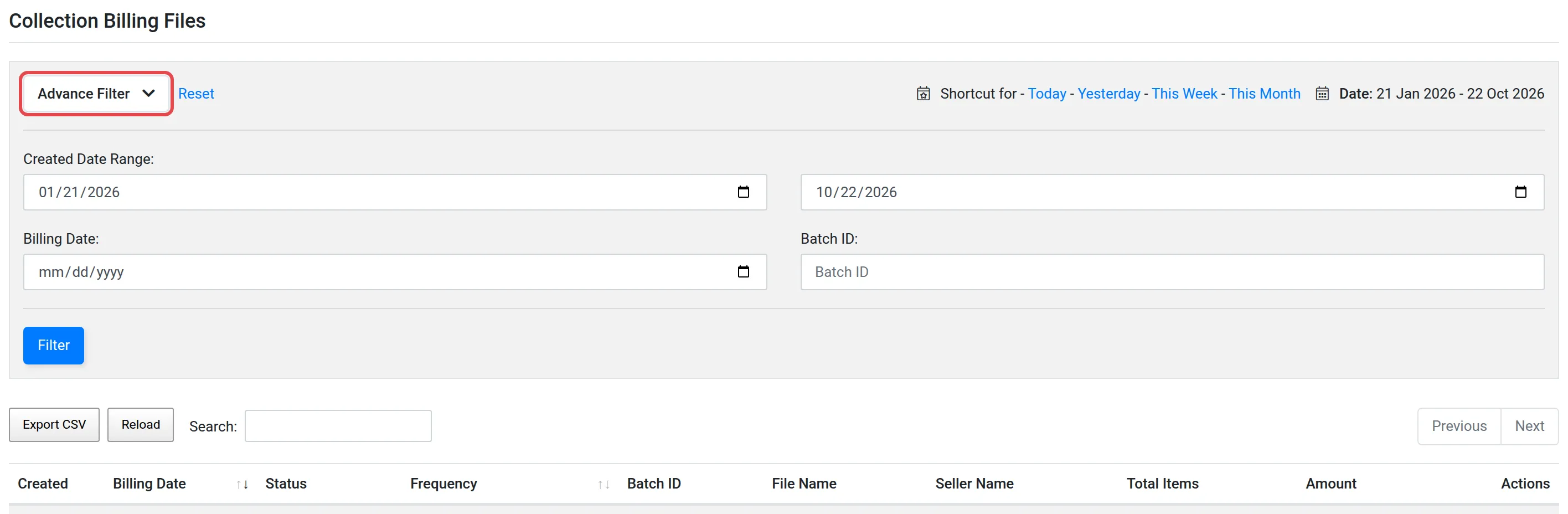 Page Collection Billing Files dengan Advance Filter dibuka dan ditanda