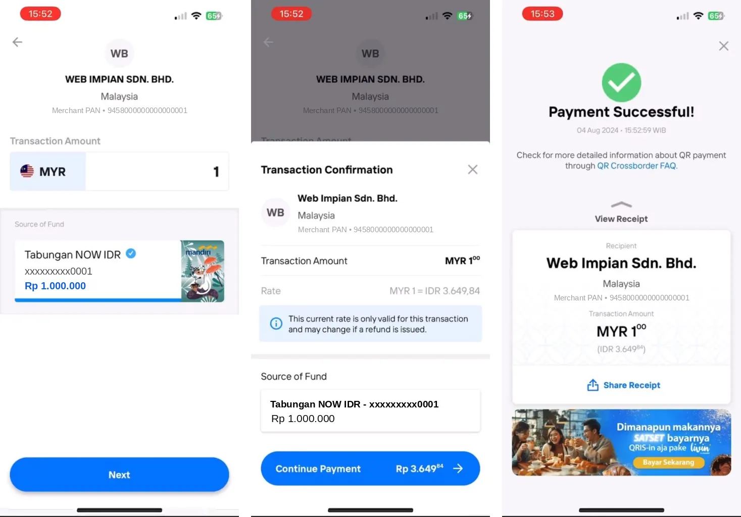 Livin’ by Mandiri: amaun dalam MYR, Transaction Confirmation dengan rate MYR ke IDR, dan skrin Payment Successful!