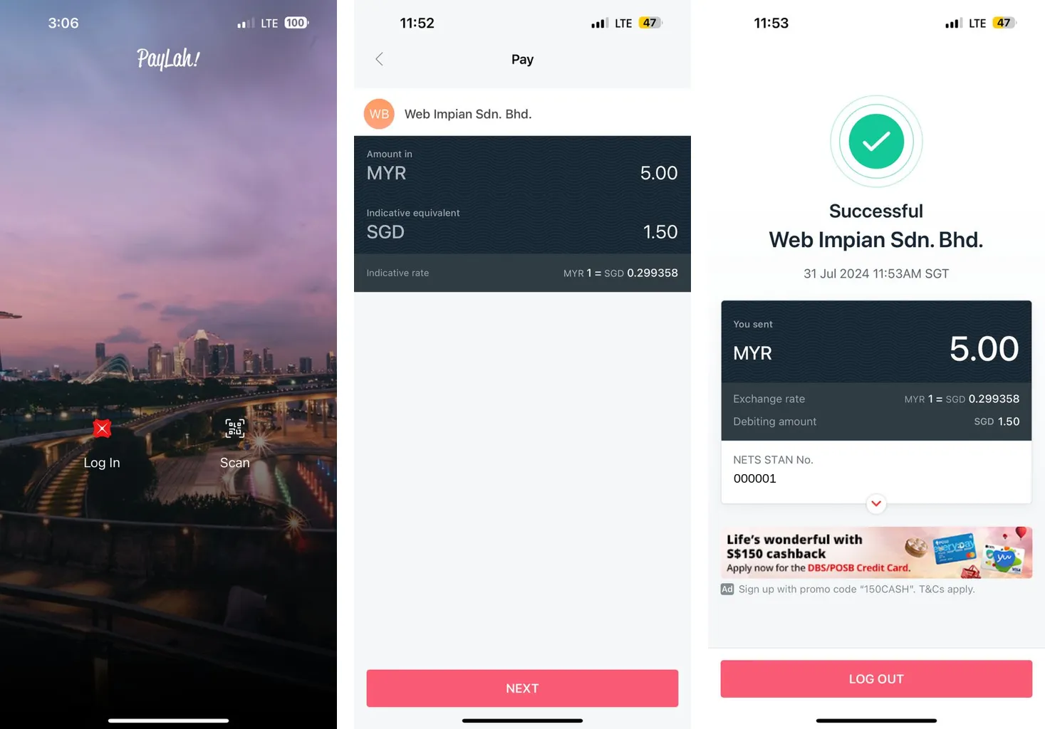 DBS PayLah!: butang Scan, skrin Pay dengan MYR 5.00 dan SGD 1.50, dan skrin Successful