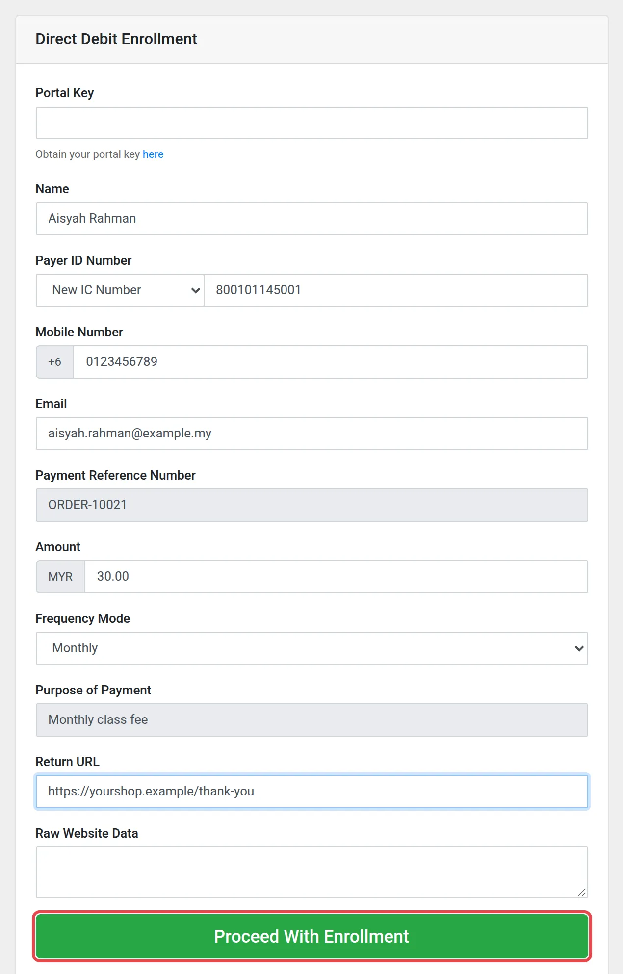 Form Direct Debit Enrollment dengan contoh nilai dan butang Proceed With Enrollment ditanda
