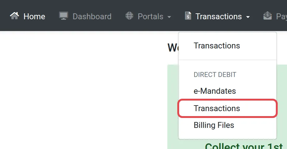 Menu Transactions dibuka, dengan Transactions di bawah Direct Debit ditanda