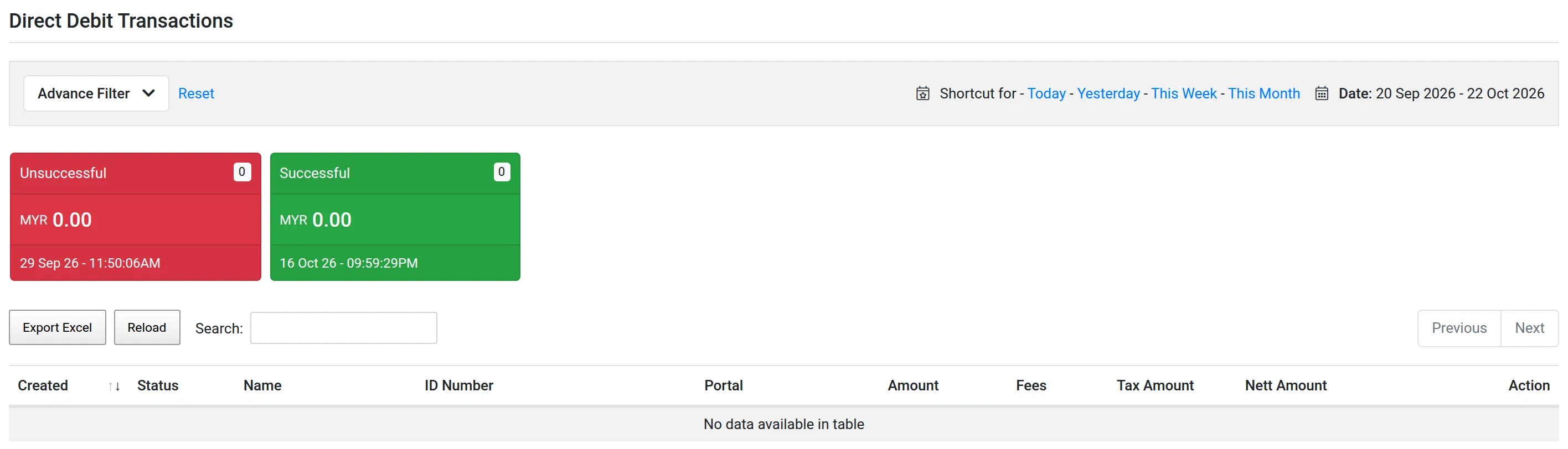 Page Direct Debit Transactions dengan jumlah Unsuccessful dan Successful serta lajur senarai