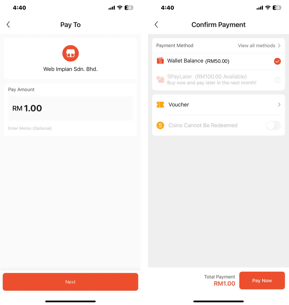 ShopeePay: skrin Pay To dengan RM 1.00, kemudian skrin Confirm Payment dengan Wallet Balance dipilih