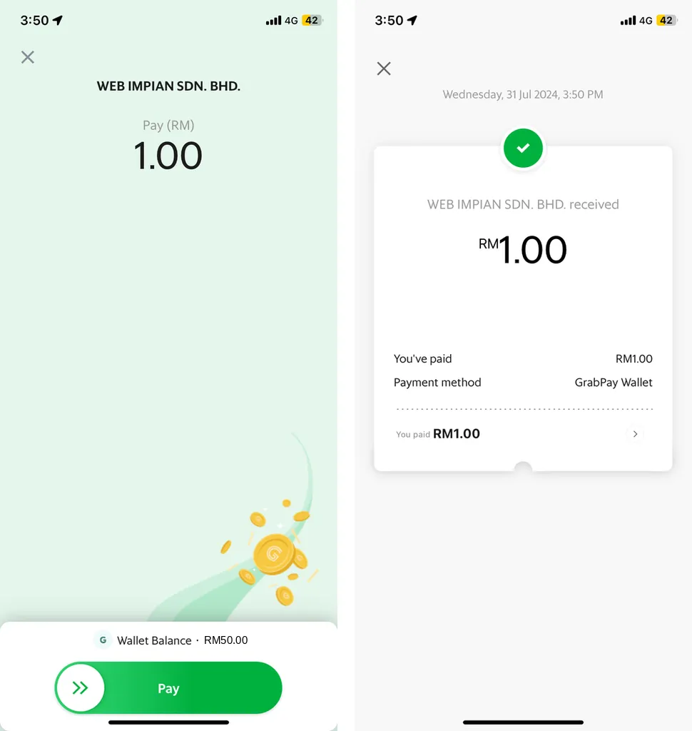 GrabPay: skrin bayaran dengan nama kedai dan 1.00, kemudian resit dengan GrabPay Wallet sebagai kaedah bayaran