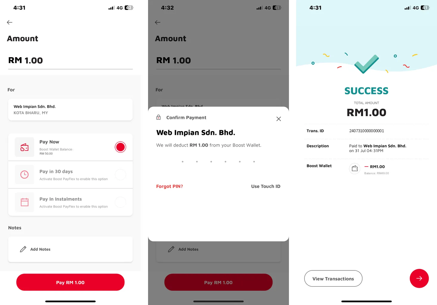 Boost: skrin Amount dengan Pay Now dipilih, tetingkap Confirm Payment dan skrin SUCCESS