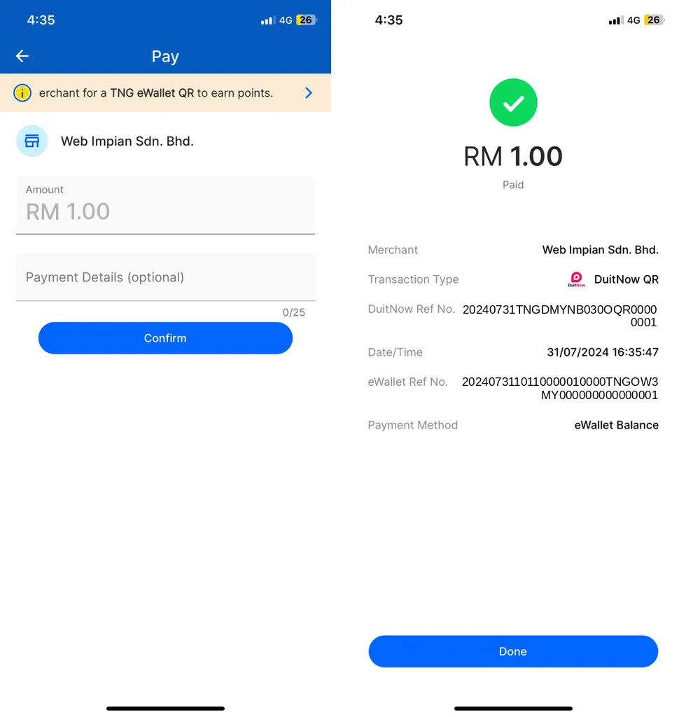 Touch ’n Go eWallet: skrin Pay dengan nama kedai dan RM 1.00, kemudian resit Paid
