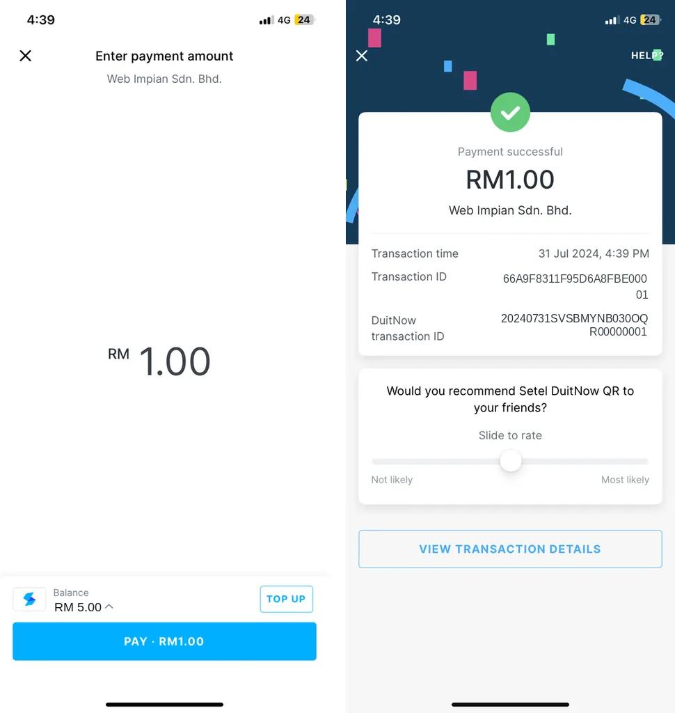 Setel: skrin Enter payment amount, kemudian skrin Payment successful