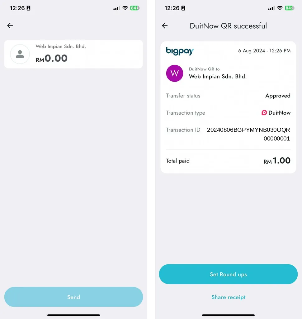 BigPay: skrin amaun dengan nama kedai, kemudian resit DuitNow QR successful