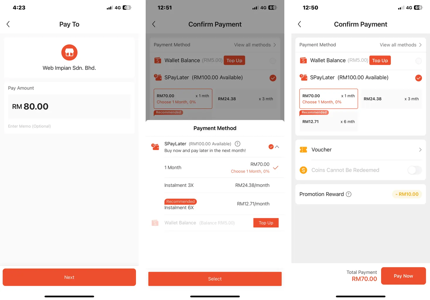 SPayLater: skrin Pay To dengan RM 80.00, pelan SPayLater, dan skrin Confirm Payment dengan SPayLater dipilih