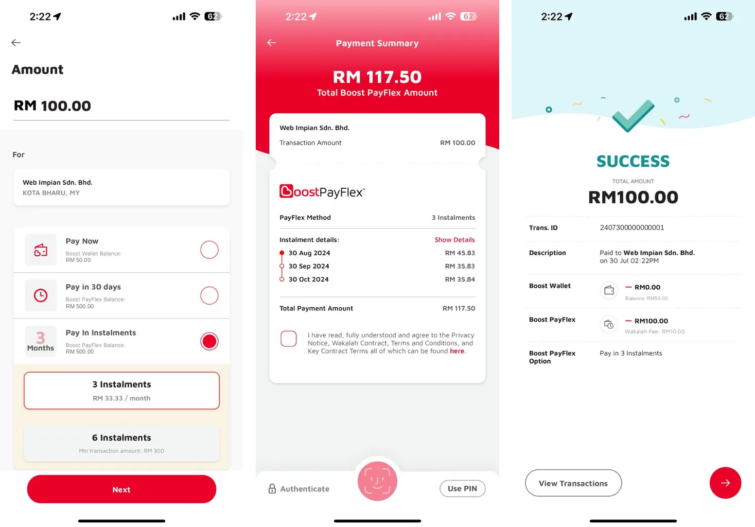Boost PayFlex: skrin Amount dengan Pay In Instalments dipilih, Payment Summary dengan 3 ansuran, dan skrin SUCCESS