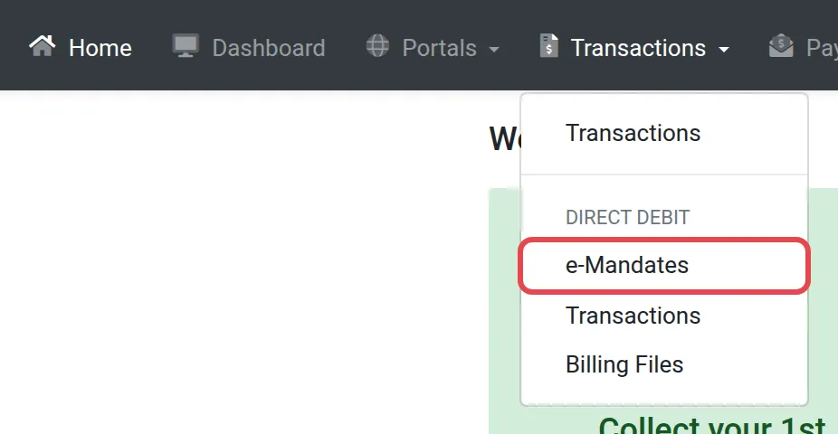 Menu Transactions dibuka, dengan e-Mandates di bawah Direct Debit ditanda