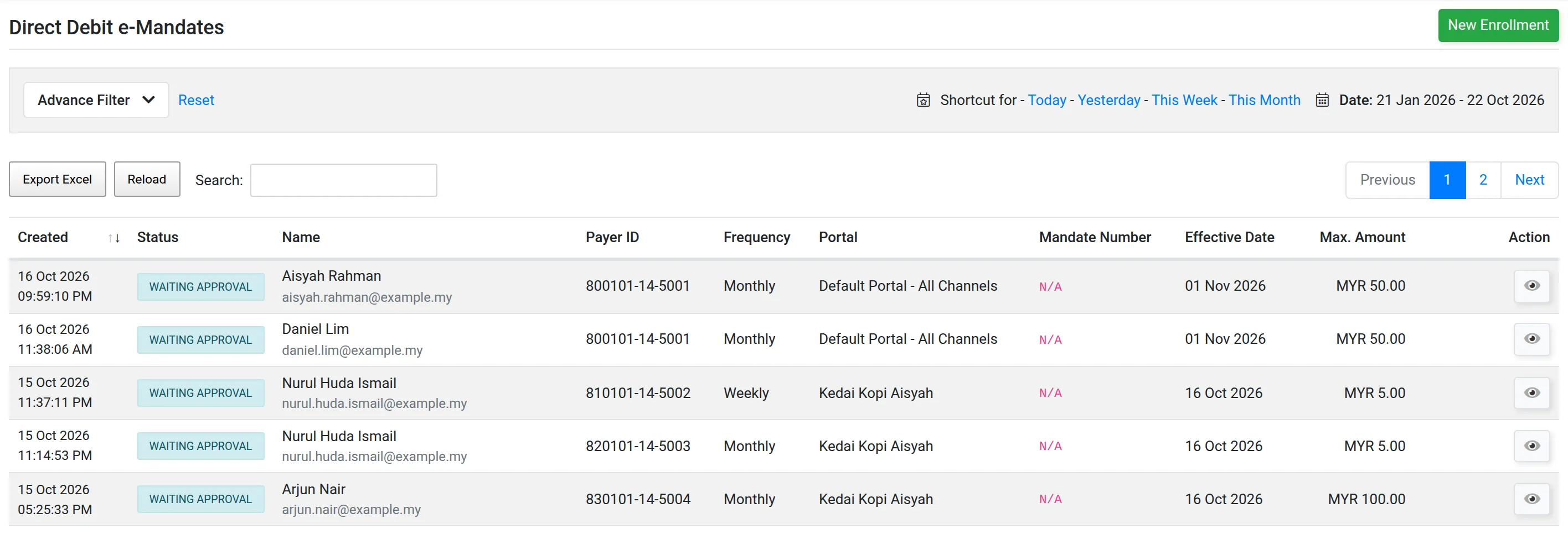 Page Direct Debit e-Mandates dengan contoh e-Mandate