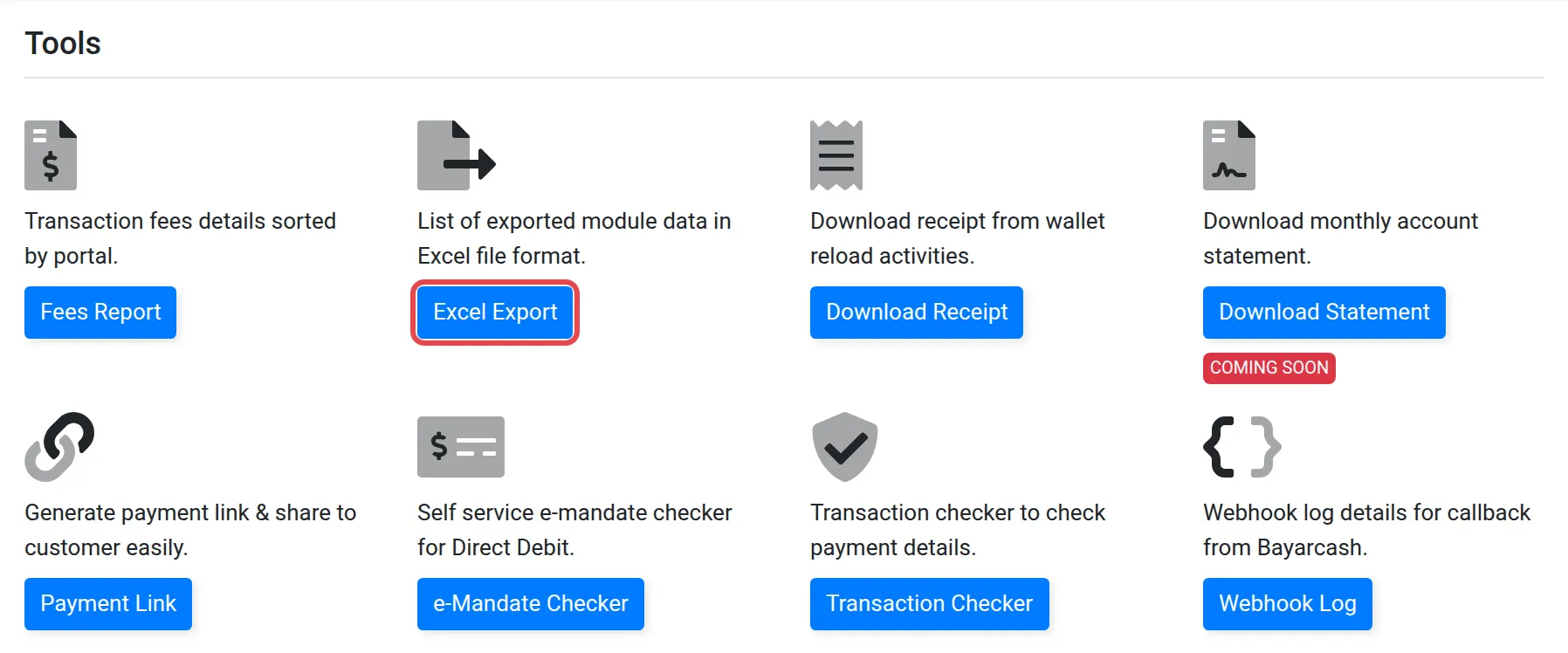 Page Tools dengan butang Excel Export ditanda