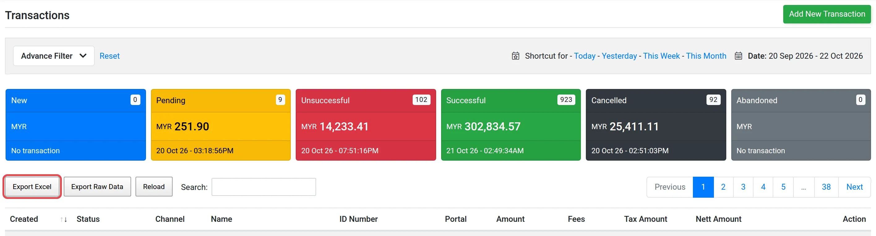 Page Transactions dengan butang Export Excel ditanda