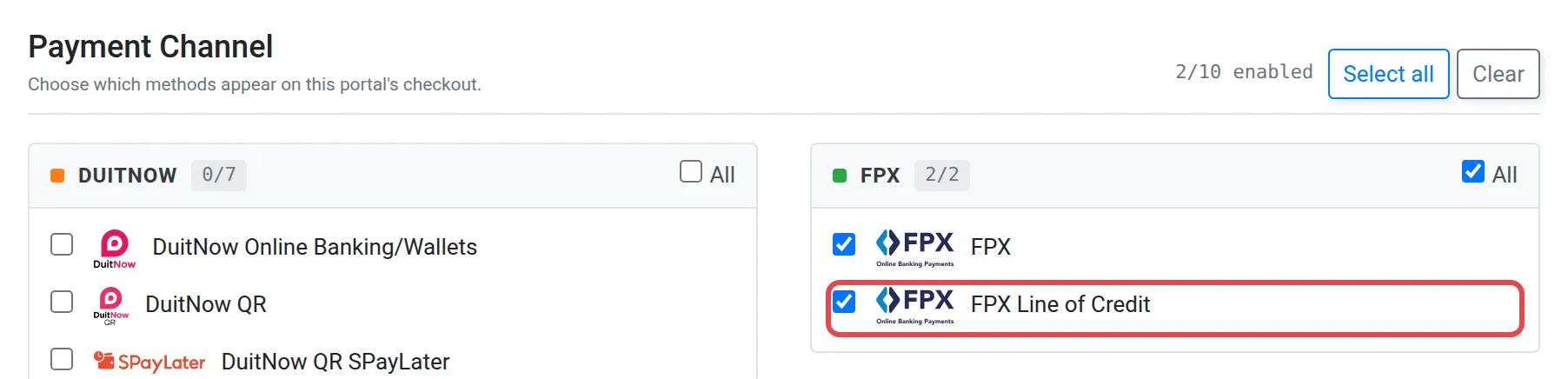 Kumpulan FPX dalam form Add New Portal, dengan FPX Line of Credit ditandakan dan diserlahkan