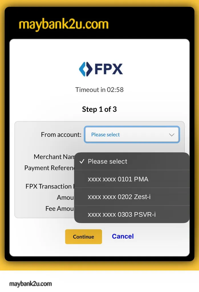 Page FPX Maybank2u dengan senarai akaun From terbuka. Senarai itu hanya ada akaun bank (CASA)