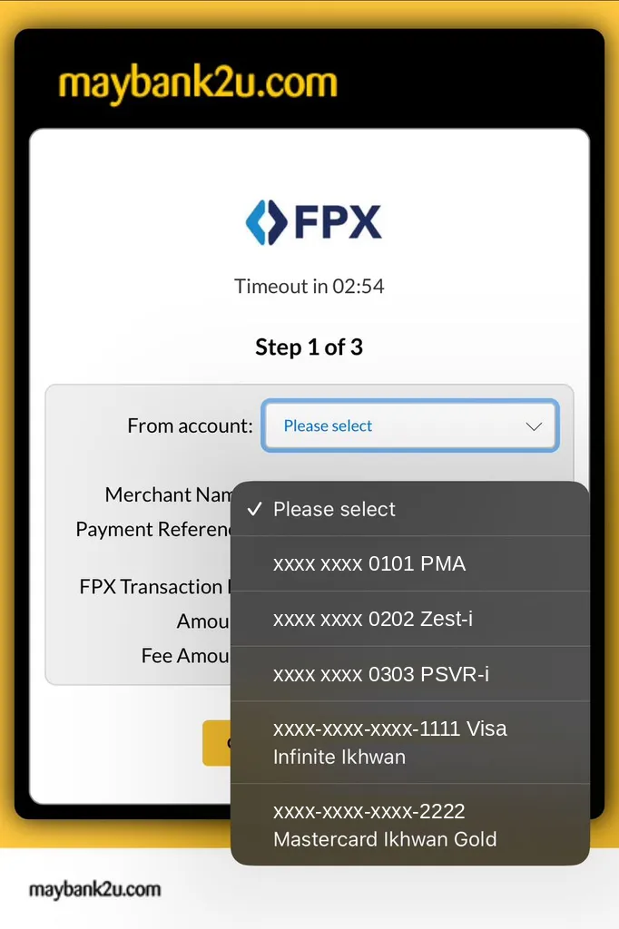 Page FPX Maybank2u dengan senarai akaun From terbuka. Senarai itu ada akaun bank dan dua kad kredit (CCA)