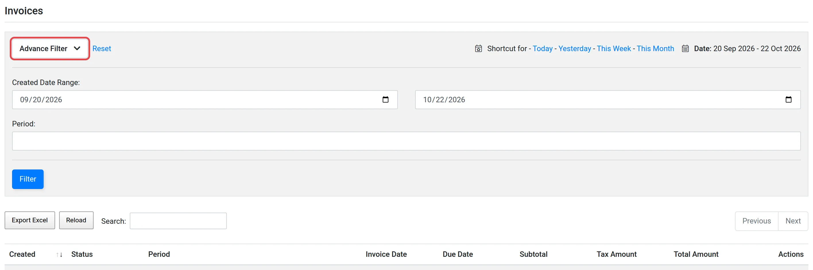 Page Invoices dengan Advance Filter terbuka dan ditanda