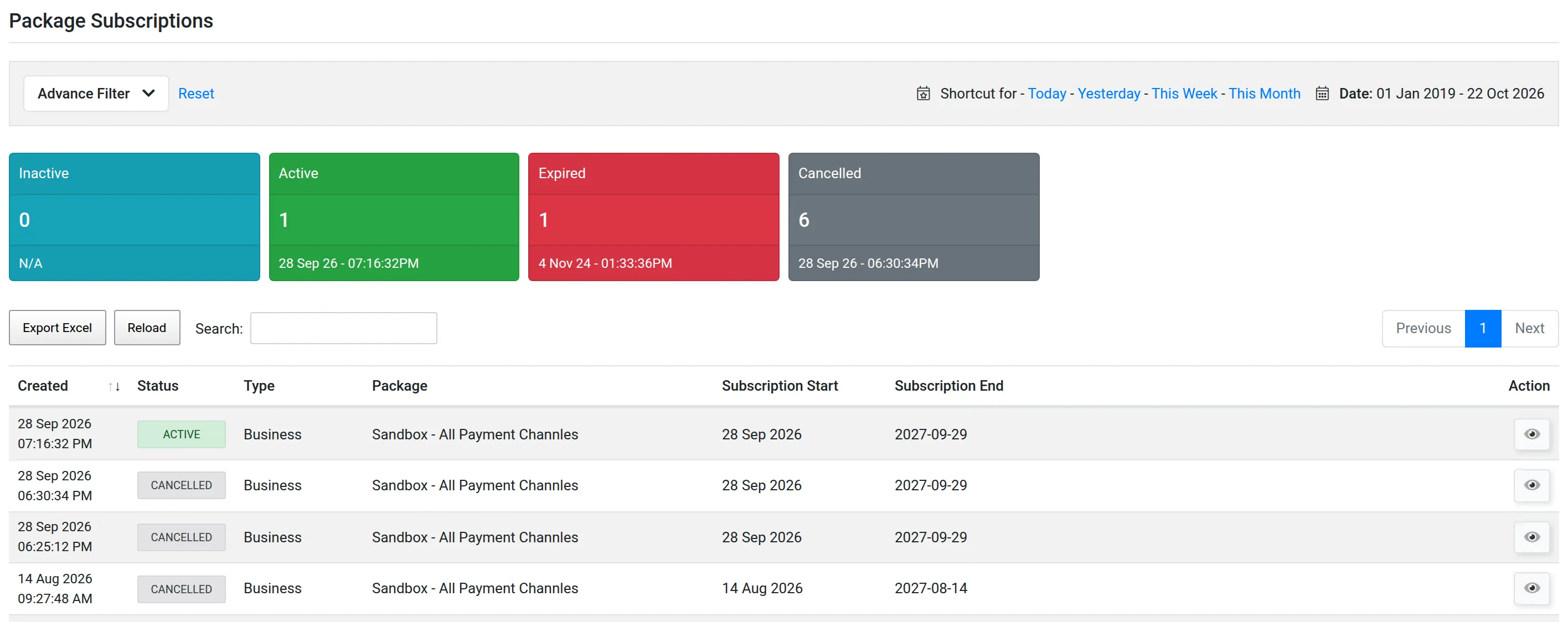 Page Package Subscriptions dengan kotak status dan senarai langganan