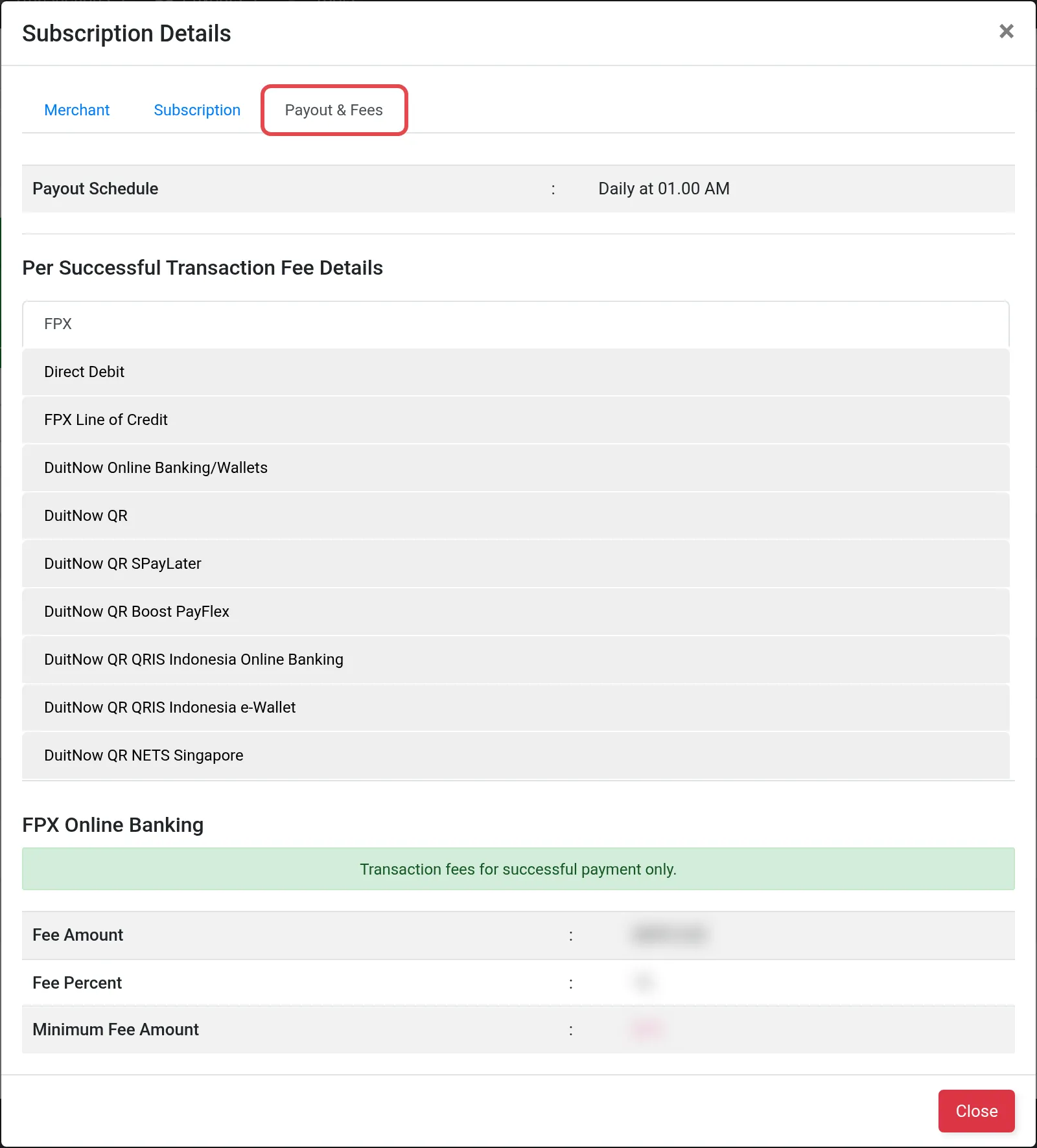 Tetingkap Subscription Details pada tab Payout & Fees, dengan angka caj dikaburkan