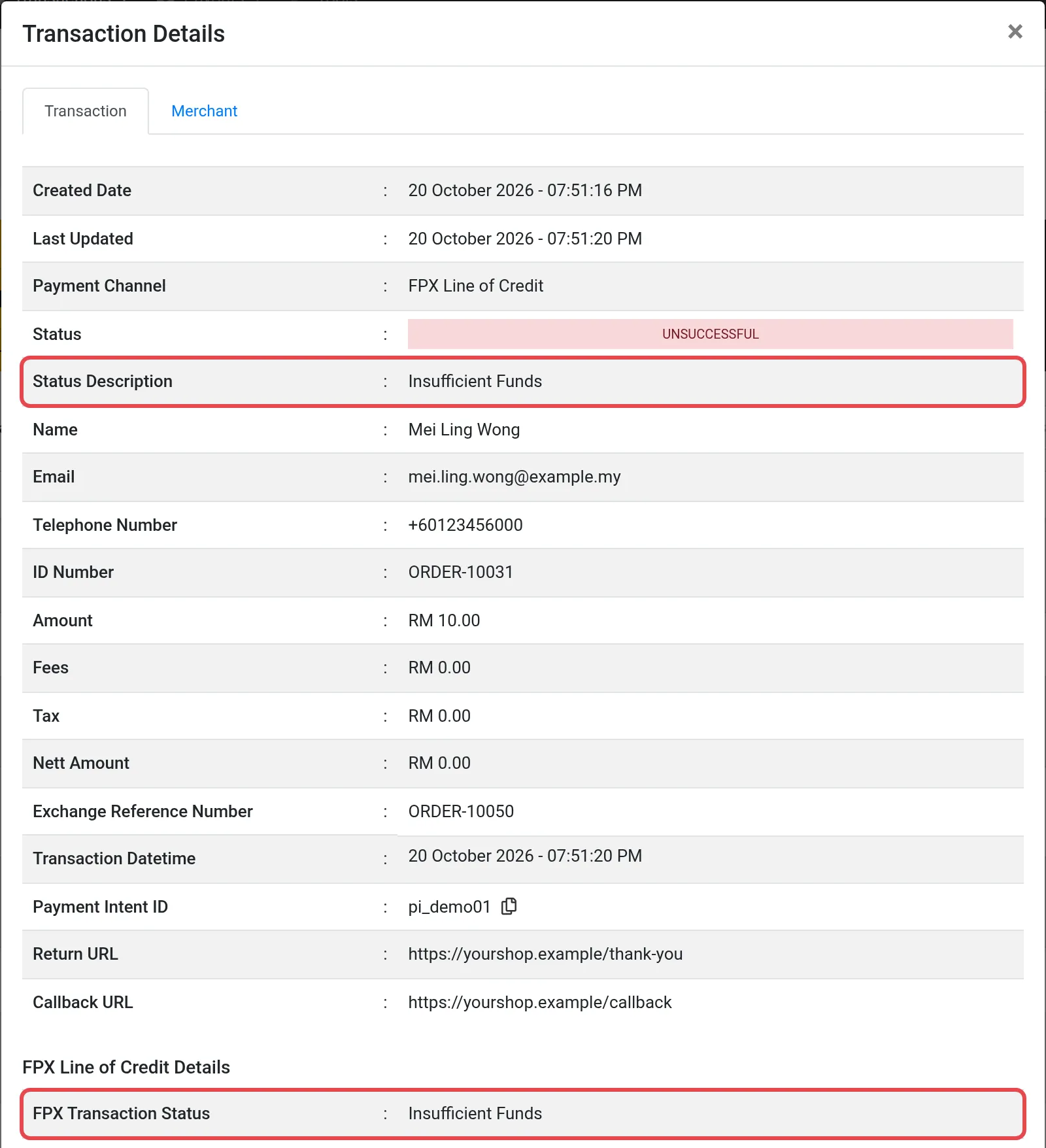 Tetingkap Transaction Details dengan baris Status Description dan FPX Transaction Status ditanda, kedua-duanya memaparkan Insufficient Funds