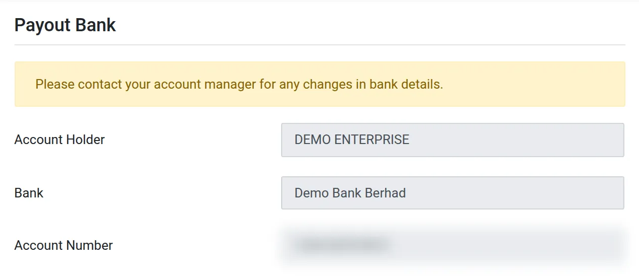 Page Payout Bank dengan butiran contoh, dan nombor akaun dikaburkan