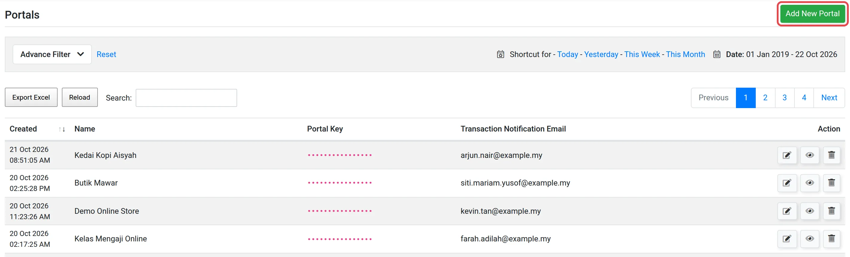 Page Portals dengan butang Add New Portal ditanda