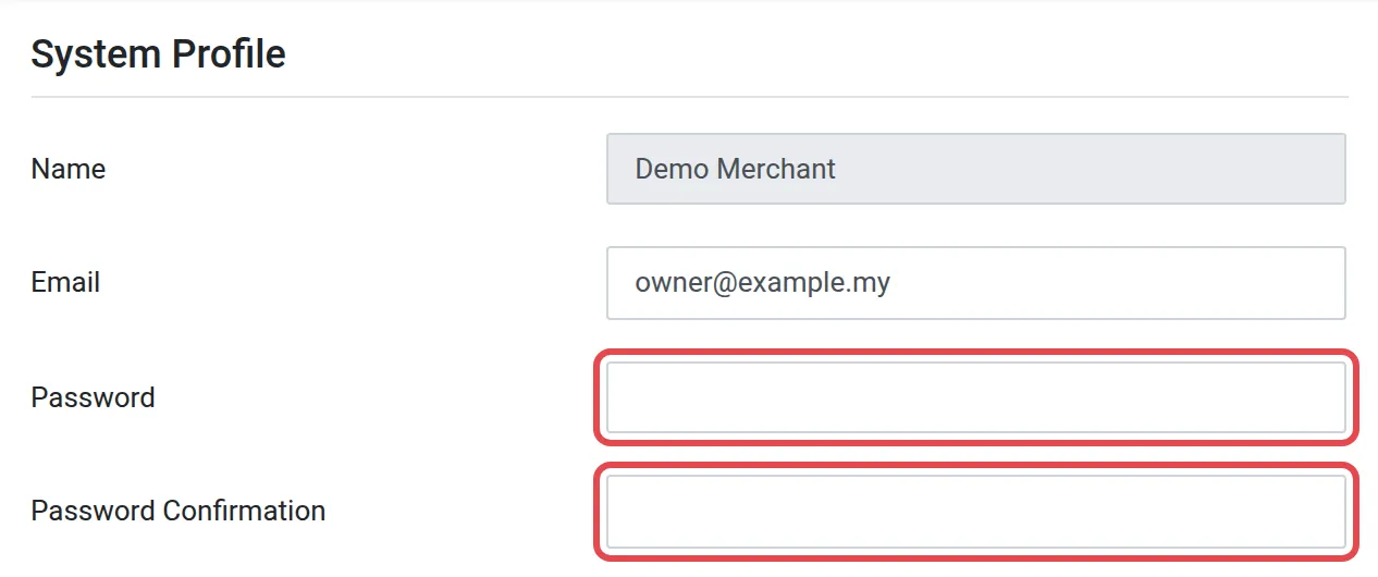 Bahagian System Profile dengan ruangan Password dan Password Confirmation ditanda