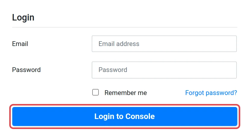 Page Login dengan butang Login to Console ditanda