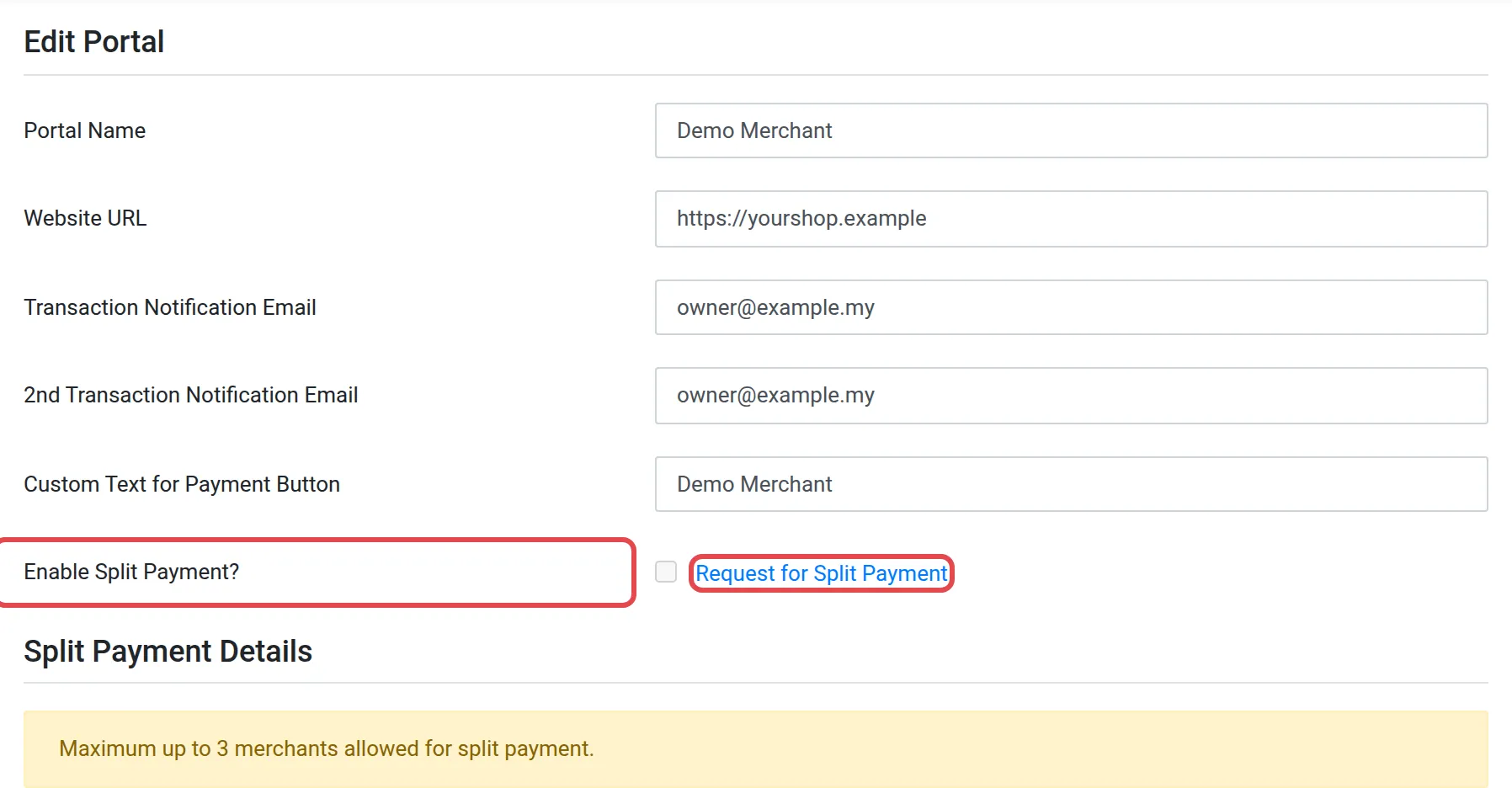 Page Edit Portal dengan Enable Split Payment? dan Request for Split Payment ditanda