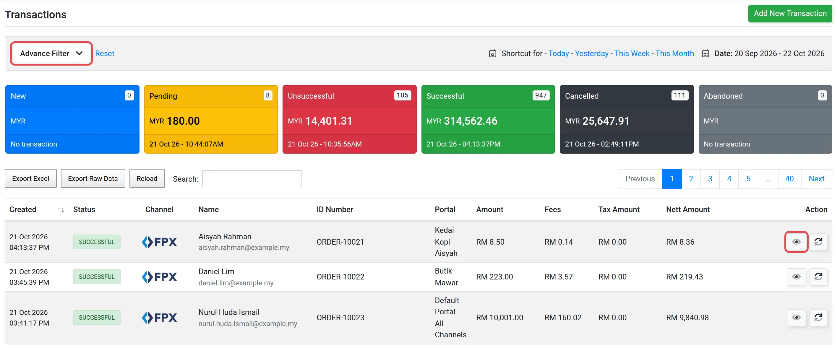 Page Transactions dengan butang Advance Filter dan ikon mata ditanda