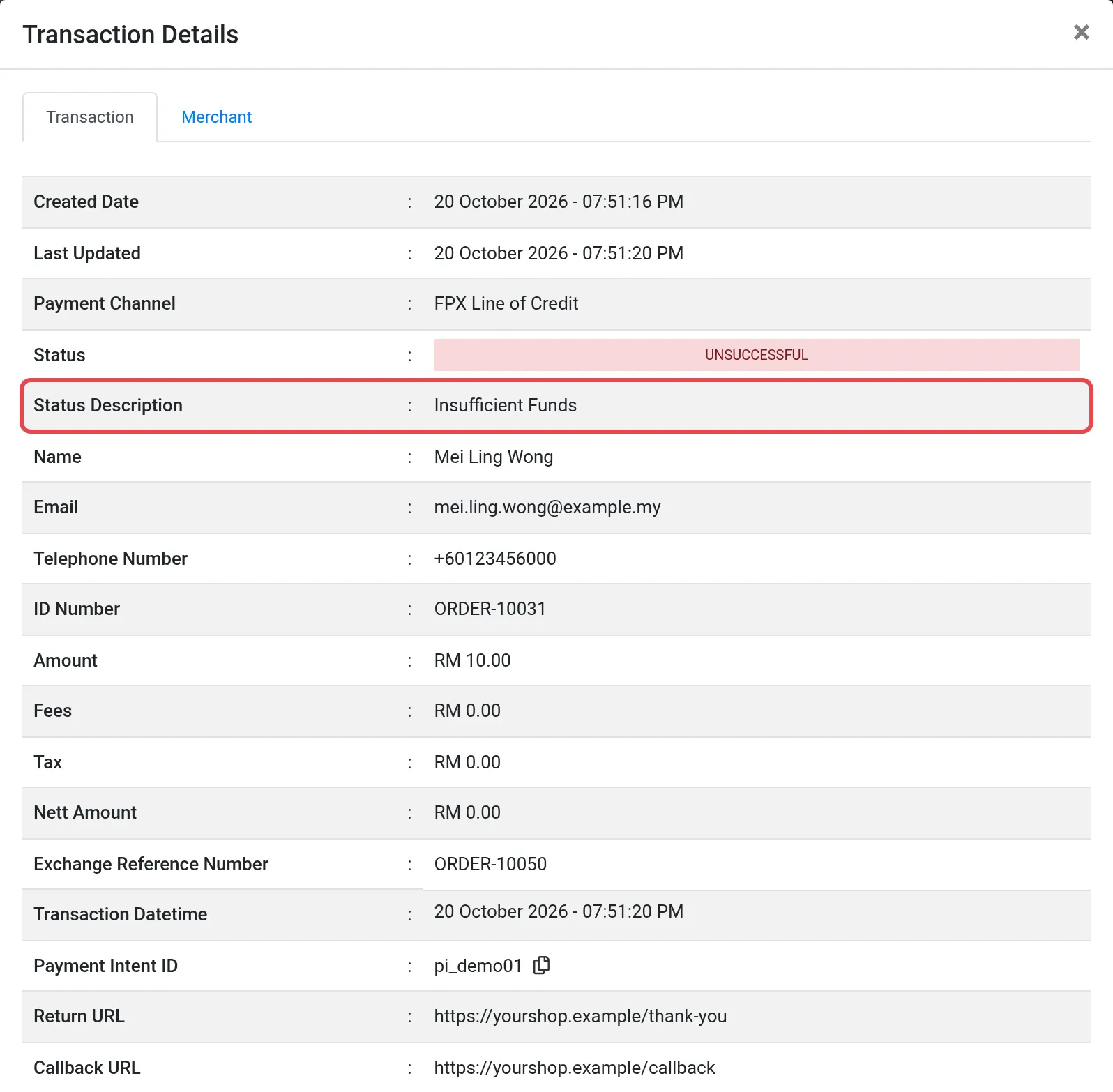 Tetingkap Transaction Details bagi bayaran yang tidak berjaya, dengan baris Status Description ditanda