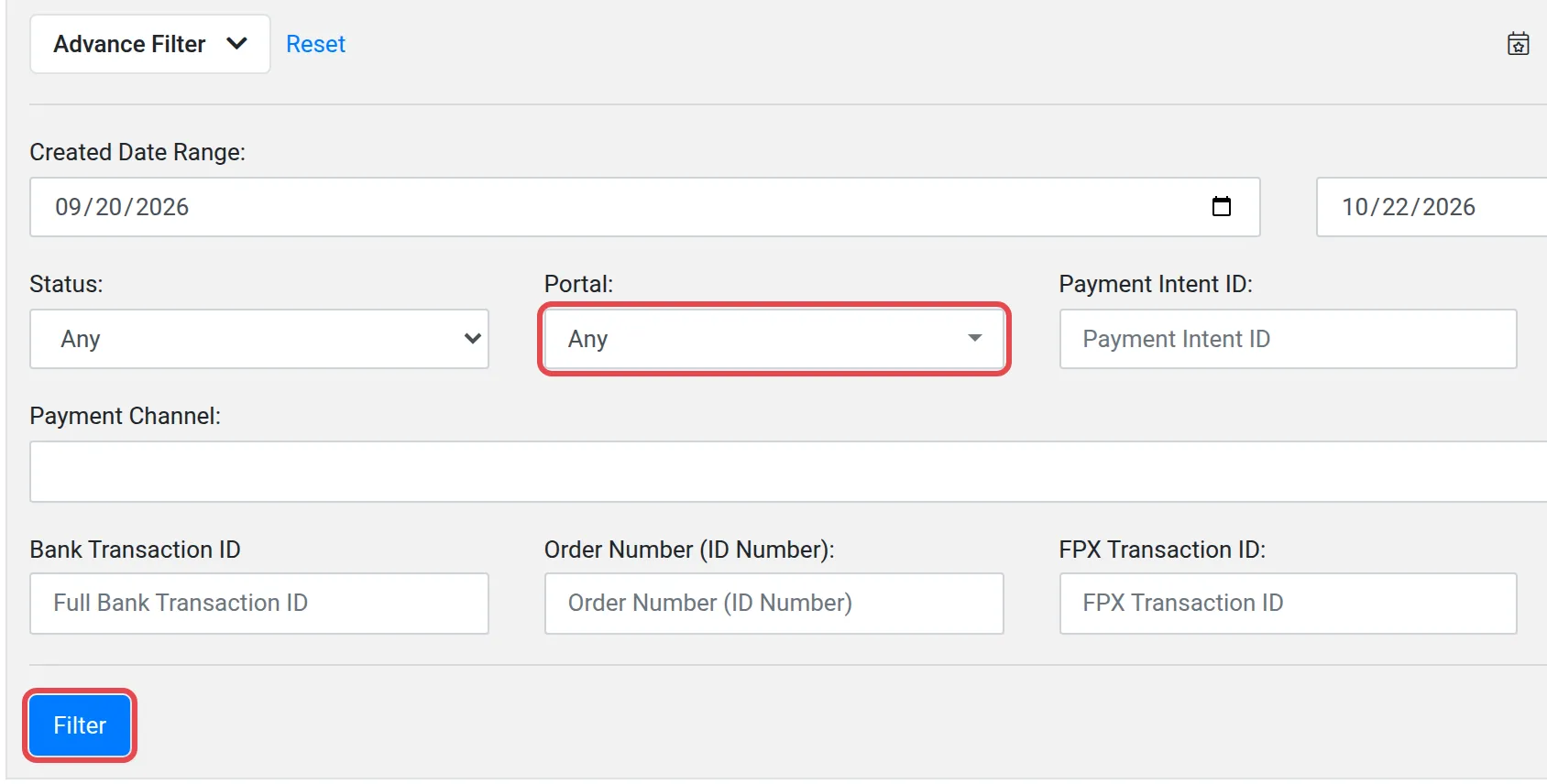 Panel Advance Filter pada page Transactions dengan senarai Portal dan butang Filter ditanda