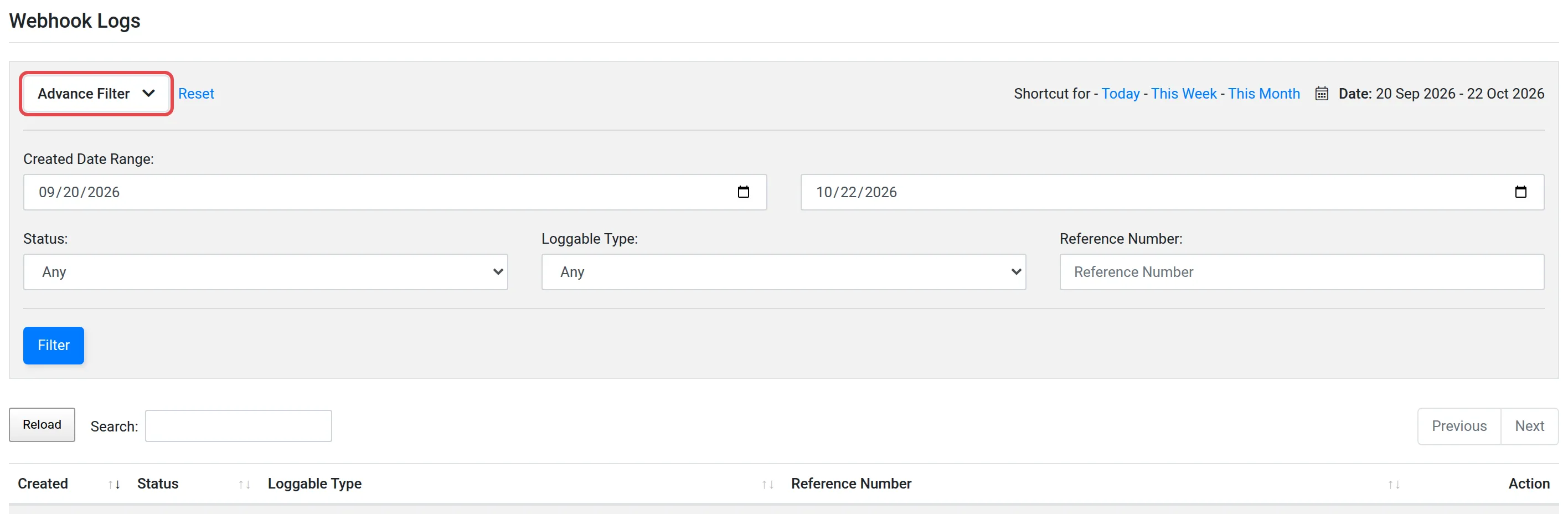 Page Webhook Logs dengan Advance Filter dibuka dan ditanda